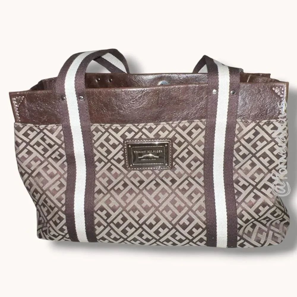 Tommy Hilfiger Monogram Tote Bag Brown Canvas Faux Leather Large Carryall